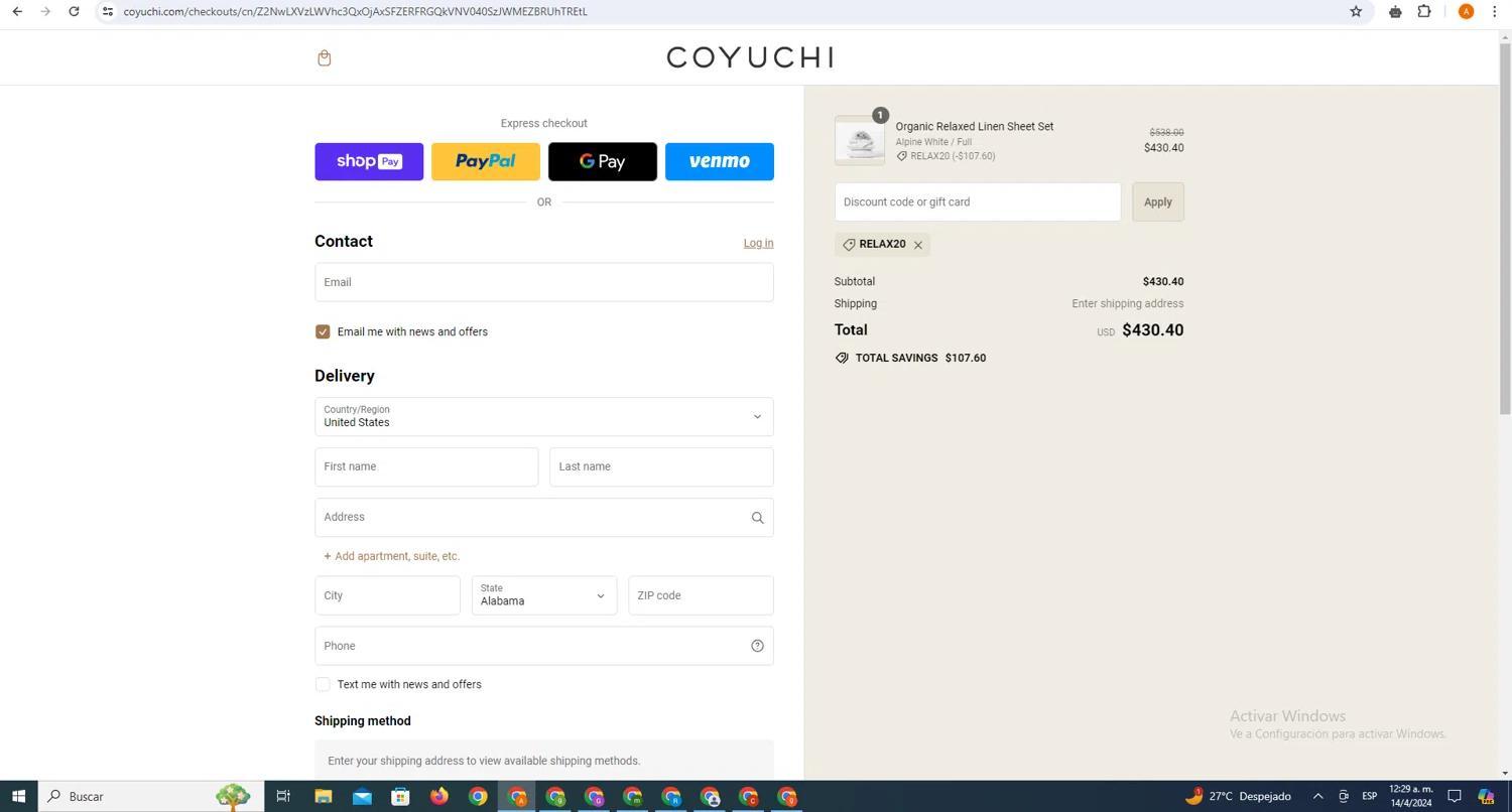 How to apply Coyuchi coupon code